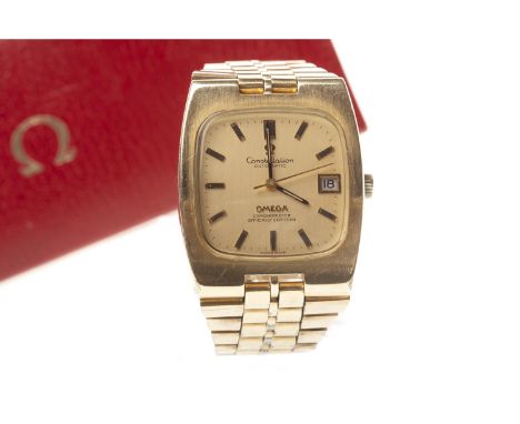 GENTLEMAN'S OMEGA CONSTELLATION AUTOMATIC GOLD PLATED WRIST WATCH, the rounded square dial with applied black and gold baton 