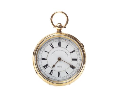 EIGHTEEN CARAT GOLD OPEN FACE KEY WIND POCKET WATCH, the round white enamel dial with IMPROVED CHRONOGRAPH, 1/4589 to the cen