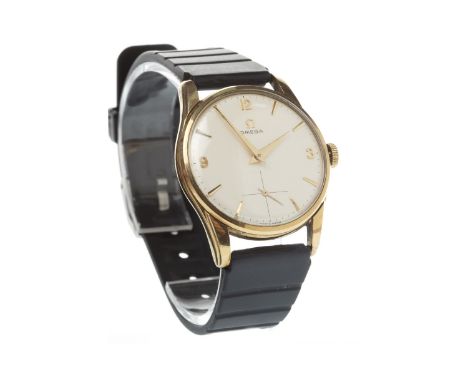 GENTLEMAN'S OMEGA NINE CARAT GOLD MANUAL WIND WRIST WATCH, signed Omega movement, the round dial with applied Arabic numerals