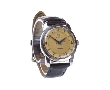 GENTLEMAN'S OMEGA SEAMASTER STAINLESS STEEL MANUAL WIND WRIST WATCH, signed Omega movement, the round dial with applied stain