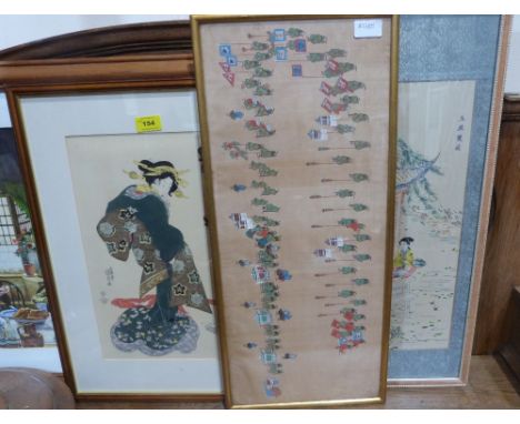A Japanese woodblock print and two Japanese textile pictures