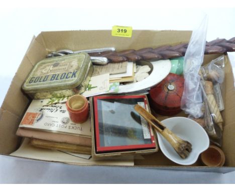 A box of sundries, including magic lantern slides, postcards, coins etc.