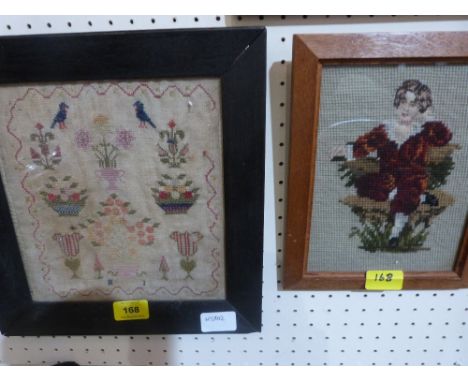 A William IV needlework sampler worked by Mary Jones 1834 with vases of flowers and birds 9' x 8 1/2', the lot to include a s
