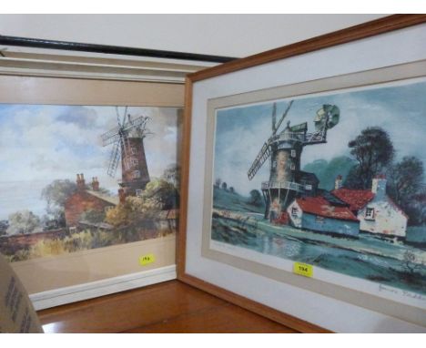 A signed and inscribed print, Norfolk Mill by James Priddey and a pen, ink and watercolour, Sibsey Mill by George Busby