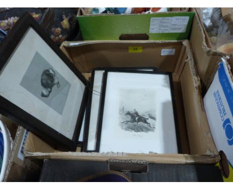 Four small hunting engravings and a print of a hound