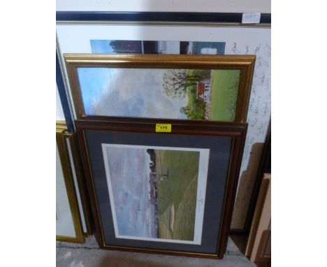 Two golfing prints after Graeme Baxter, signed another print 'Cricket Hall of Fame' and an oil by J.Coleman-Wright 'Village C