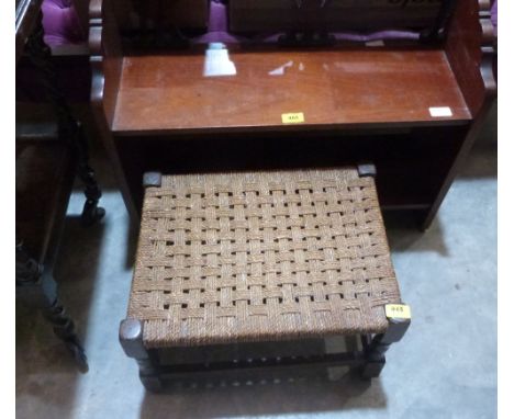 A mahogany wall shelf and an oak rush seat stool