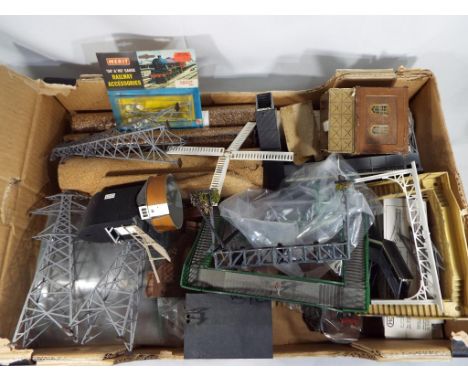 Model Railway scenics - one tray containing OO gauge cork underlay, seven Hornby points, pylons, station canopy, two tall ent