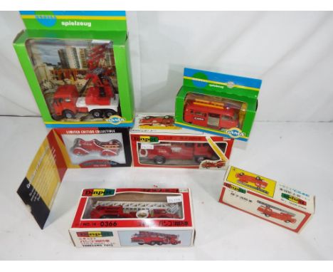 Diecast models - two Spielzeug Modell diecast models by Gama, three Diapet diecast fire engines by Jonezawa Toys #T - 27, T -