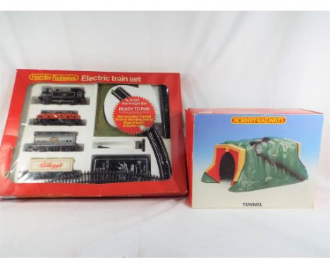 Model Railways - a Hornby OO gauge electric train set R523 Rail Freight Set also included   Hornby tunnels R576 boxes in very