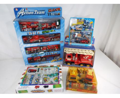 A quantity of emergency service fire engines to include an Action Team play set by Ken Toys, a Supreme Emergency, a Slo mobil