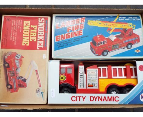 A battery operated Snorkel Fire Engine item No. 441, a battery operated Bump n Go Action Ladder Fire Engine, tin-plate model 