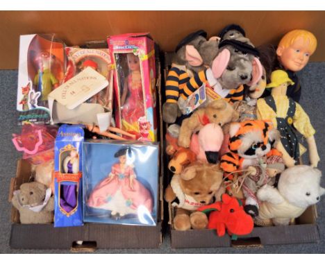 A good lot of two boxes of vintage soft toys and dolls to include a Merrythought Koala, Roland Rat, McCauley Culkin from Home