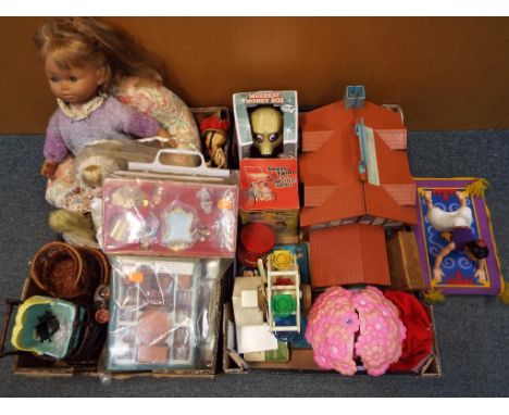 A mixed lot to include a vintage Fisher Price Playset, vintage dolls, doll's house furniture, a Ragbox Sweet Twins with doubl