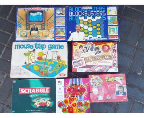 A  collection of seven board games by MB Games, Waddington and Mattel comprising Mouse Trap, Telly Addicts, Blockbusters, Ker