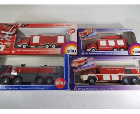 Siku - four diecast 1:55 scale model Fire Appliances, # 2105, 3512, 3513 and 3880, all appear nm or m in original window boxe