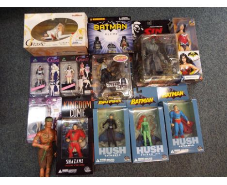 A quantity of action figures predominantly in original packaging to include frank Miller's Sin City, G-Taste, Rising Stars, D