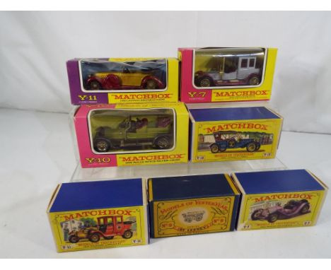 Matchbox - seven diecast vehicles in original boxes comprising Y7/2 1913 Mercer Raceabout, Y7/3 1912 Rolls Royce featuring th