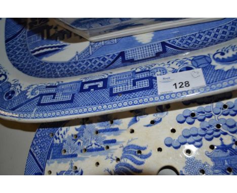 Mixed Lot: Victorian Willow pattern meat plate, further Willow pattern strainer and an octagonal pearl ware serving dish (3)