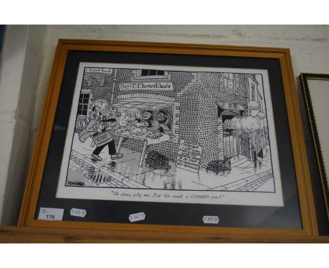Tony Hall, comical caricature print of Cromer Crab Men, framed and glazed