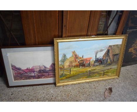 B Portas, study of threshing machine, oil on board, framed together with a further similar print by the same artist (2)