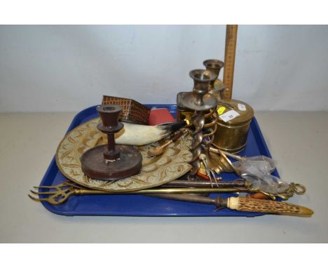 Tray of various mixed items to include candlesticks, small hip flask, brass string box etc