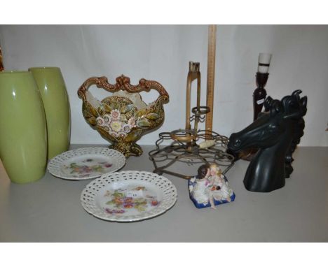 Mixed Lot: Table lamp, a porcelain table basket, a pair of pierced porcelain plates, vases etc