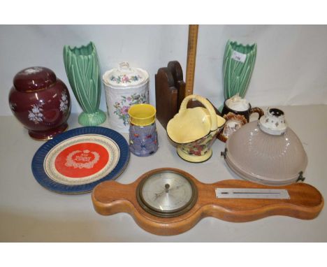 Mixed Lot: Pair of Sylvac vases, a small barometer, Great Yarmouth Pottery mug, oak book ends, glass light shade and other it