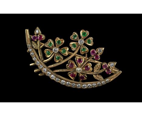 Antique Period - Pleasing Quality 15ct Gold Diamond / Emerald / Ruby Set Brooch. c.1890's. The diamonds of good colour / clar