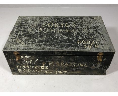 Military interest tin trunk, P M Sparling painted to front, shipping tag to Mrs M L Sparling approx 89cm x 54cm x 33cm tall