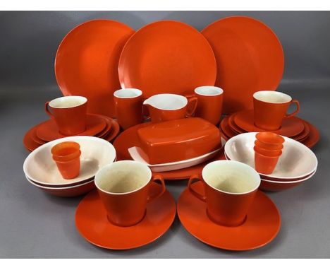 Melaware vintage orange dinner / tea set to include four small, four medium and four large plates, four bowls, four tea cups 