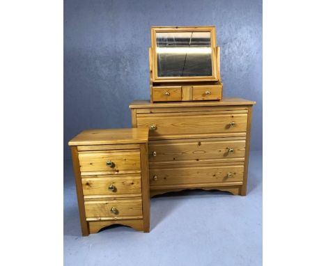 Modern pine chest of three drawers with brass handles and matching mirror with two drawers, chest dimensions approx 99cm x 45