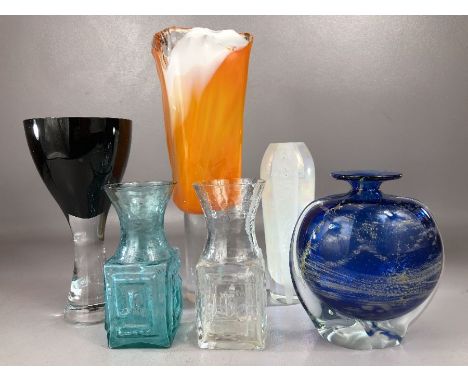 Collection of art glass to include two Dartington Greek Key design vases (blue and clear), a Medina blue glass vase, a Tanger