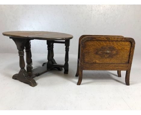 Carved wood magazine rack and a small gate leg occasional table