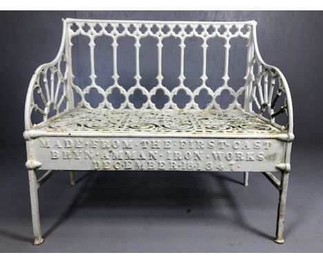 19th Century cast iron garden bench inscribed 'MADE FROM FIRST CAST BRYN AMMAN IRON WORKS DECEMBER 18 1847' approx 92cm x 48c