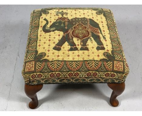 Wooden framed foot stool with Eastern elephant tapestry design, approx 48cm square