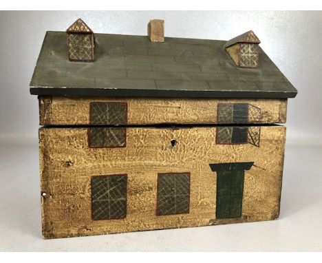 Wooden tea caddy / box in the form of a house with hinged lid, approx 26cm x 15cm x 21cm tall