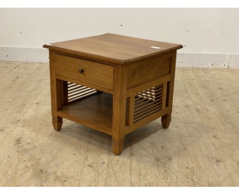 A stained hardwood lamp table, fitted with a drawer over an under tier, raised on square section supports, H51cm, W56cm, D55c