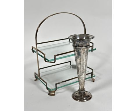 A 1930s Epns two tier cake stand with loop handle to top complete with original glass plates, (h: 30cm x 22cm x 17cm) and a L