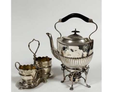 An Epns half lobbed tea kettle complete with stand and burner and an Elkington Plate Edwardian cream jug and sugar basin with