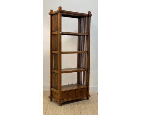 A stained hardwood three height open shelf, with slatted sides and two drawers to base, H195cm, W85cm D44cm