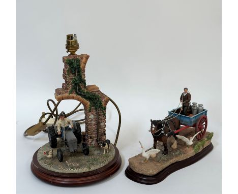 A Border Fine Arts  table lamp of a man riding tractor ,"Mind Y'Selves" (missing hen, loss of fingers)( h- 34cm) and a Border