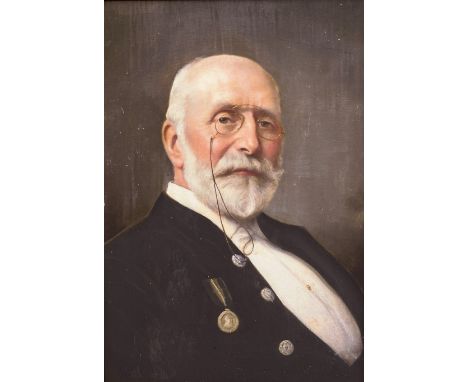 Late 19th early 20thc Portrait of a Gentleman in Evening Attire with Pair of Gilt Pince-Nez, oil on canvas, unsigned, gilt co