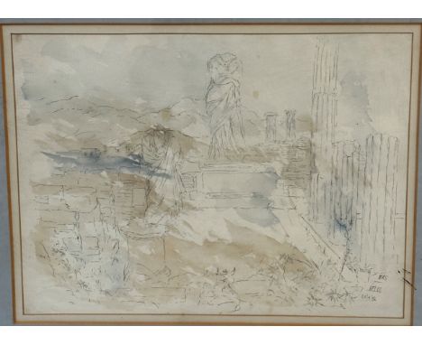W K S, Bellos, pencil drawing of statues at Bellos, highlighted with wash, signed bottom right and dated 20/9/52, painted gla