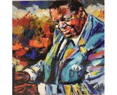 After Debra Hurd, reproduction print of Oscar Peterson playing piano, (50cm x 50cm)