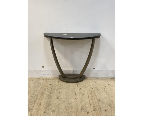 A painted hardwood demi-lune console table, the top raised on bowed stretchers, H77cm, W90cm, D48cm