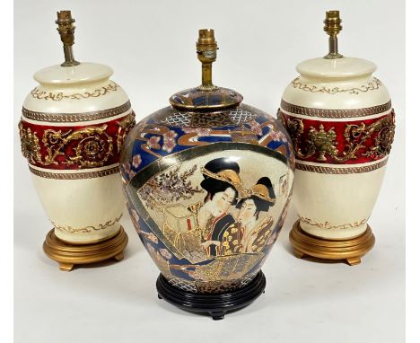 A Japanese china baluster vase table lamp with panel to front with two Japanese female figures enclosed within gilded scrolli