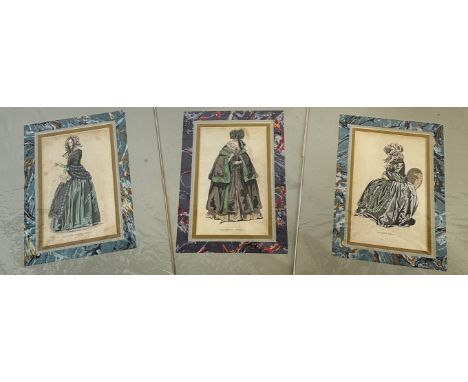 A group of three Victorian costume book plates depicting Morning Visiting Dress, Walking Dress and Walking Dress, mounted in 