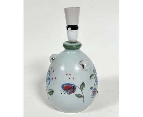 A Buchan pottery ribbed flagon style three handled pottery lamp with stylised cornflower design, (h: 29cm x 11cm)