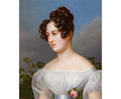 STIRNBRAND,FRANZ SERAPH (1788-1882) "Porträt einer jungen Frau mit Rose in der Taille" 1827 Öl auf Leinwand, sig. und dat., H